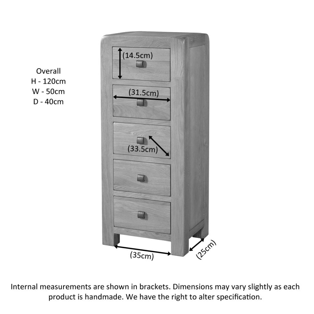 Light Slate Gray Avondale Oak Curve 5 Drawer Tall Chest - DAV031