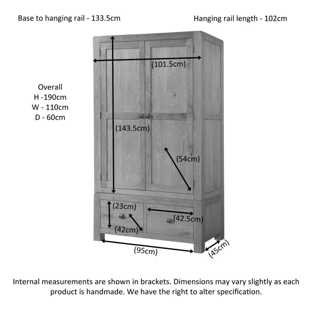 Light Slate Gray Avondale Oak Curve Double Wardrobe with 2 Drawers - DAV035