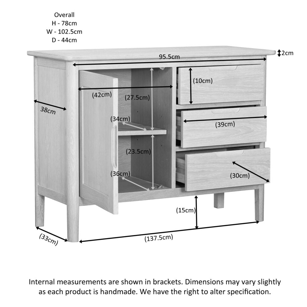 Gray Brighten Pale Oak 1 Door 3 Drawer Sideboard - BER051