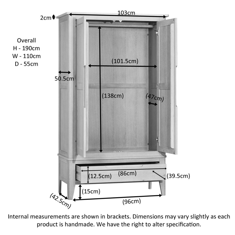 Dark Gray Brighten Pale Oak Double Wardrobe with Drawer - BER032