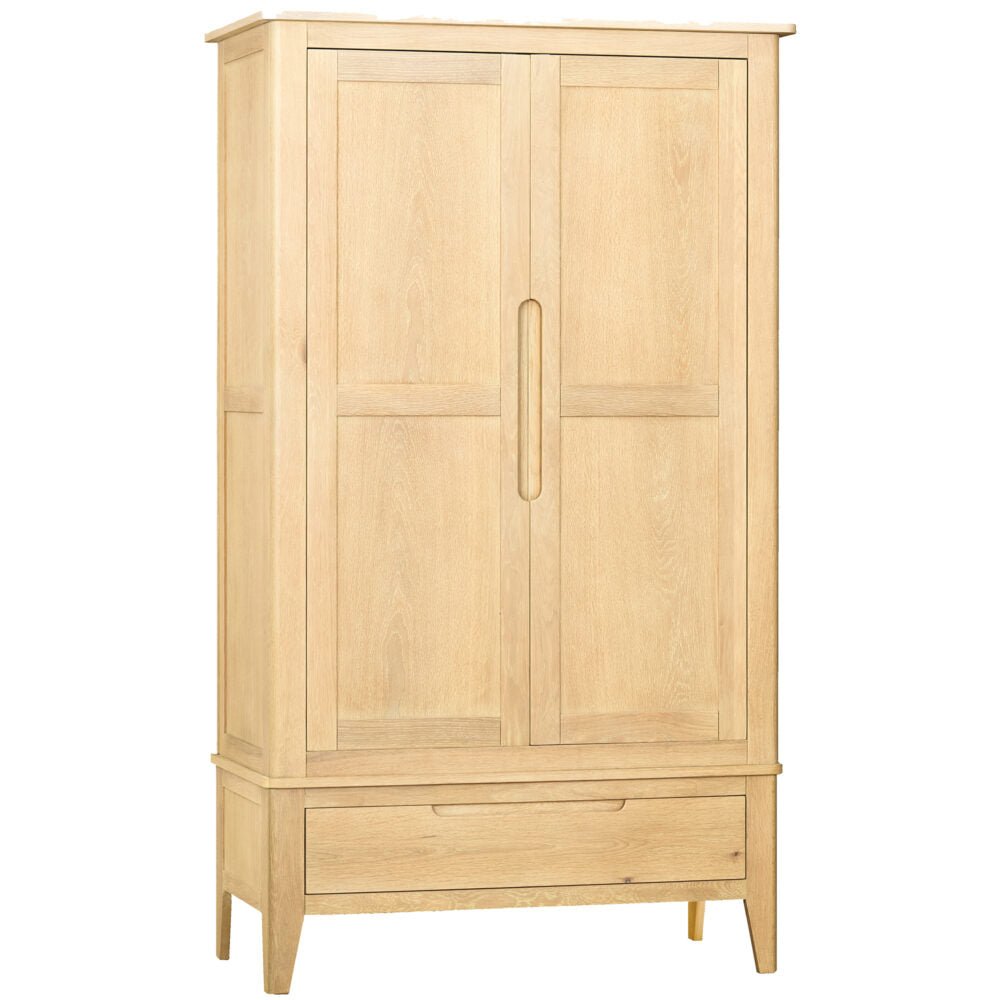Light Goldenrod Brighten Pale Oak Double Wardrobe with Drawer - BER032